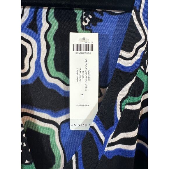 NEW Chico’s Travelers Wrap Dress Rich Cobalt 8/10 Stencil Floral $139 Flora A58 - Picture 3 of 7